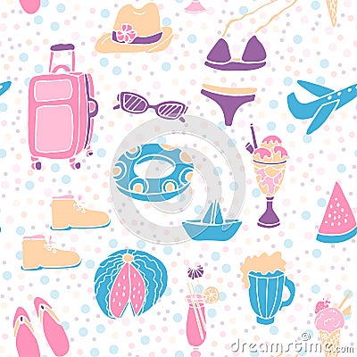 Vector seamless pattern with things for summer travelling. Vector Illustration